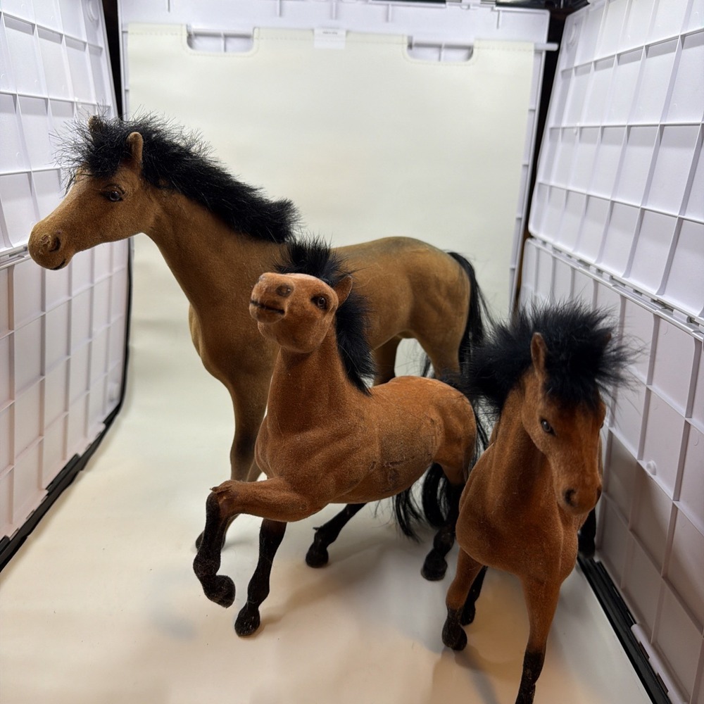 VTG Flocked Tan Horse Family Of Three w/Mane &Tail Hair/Fur ~ See Photos/Read